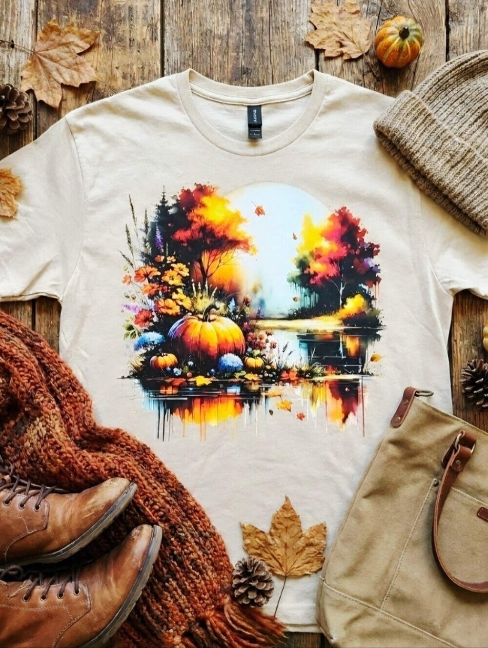Autumn Pumpkin Landscape Tee • Fall Foliage Graphic T‑Shirt • Cozy Rustic Fall
